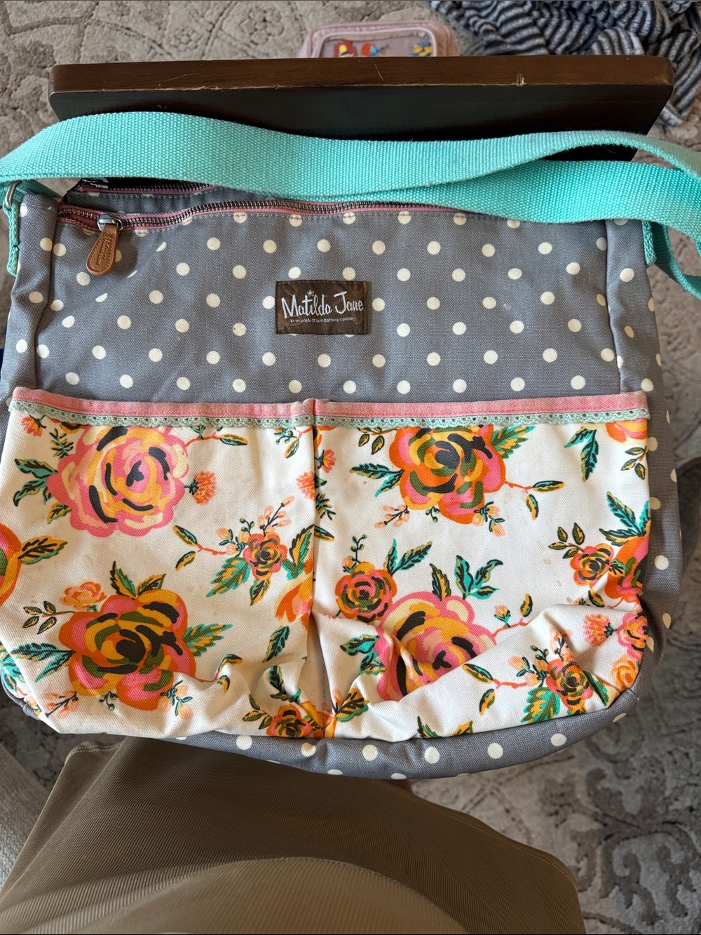 Matilda Jane Gray Polka Dot Crossbody with Turquoise Strap and Floral Pockets